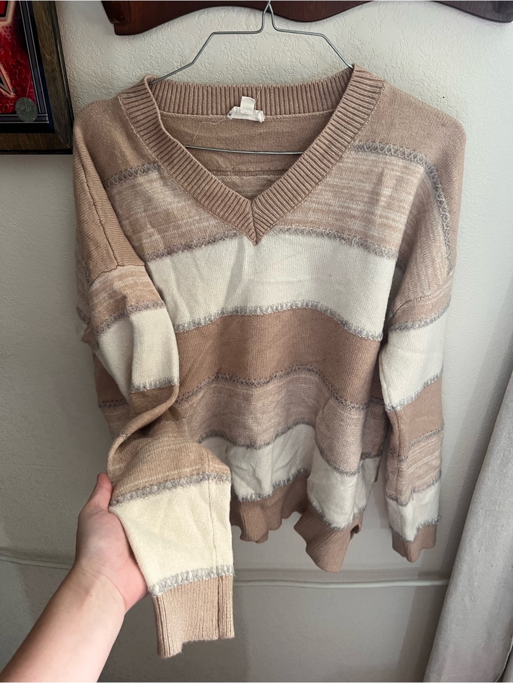 Hem & Thread Beige and Cream Striped V-Neck Sweater